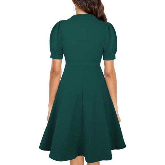 Women Dark Green Short Puff Sleeve Flare Semi-Formal Summer Dress With Pockets - Picture 2 of 5